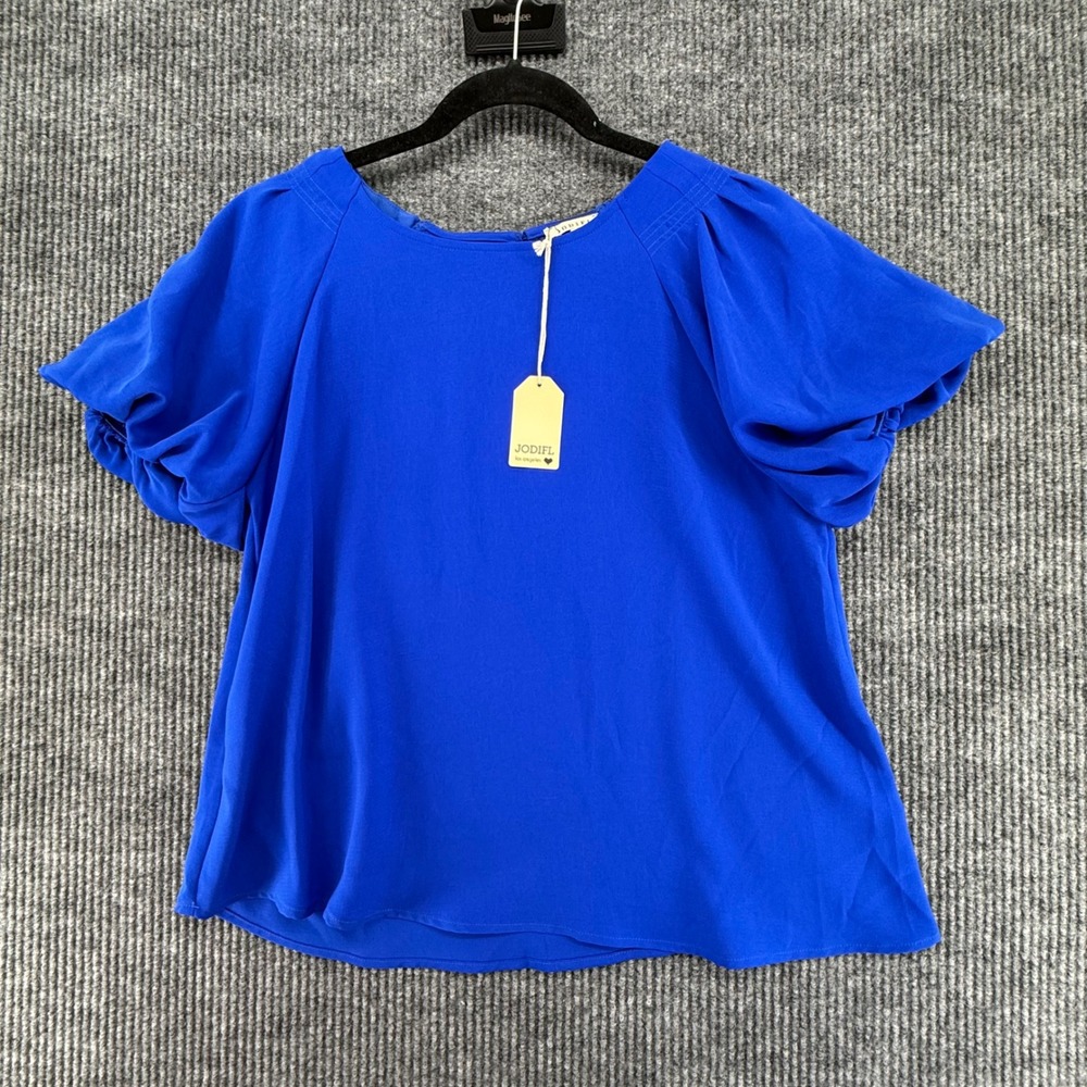 Jodifl Blouse Womens Medium Royal Blue New Puff Sleeve Keyhole Back H20681-1